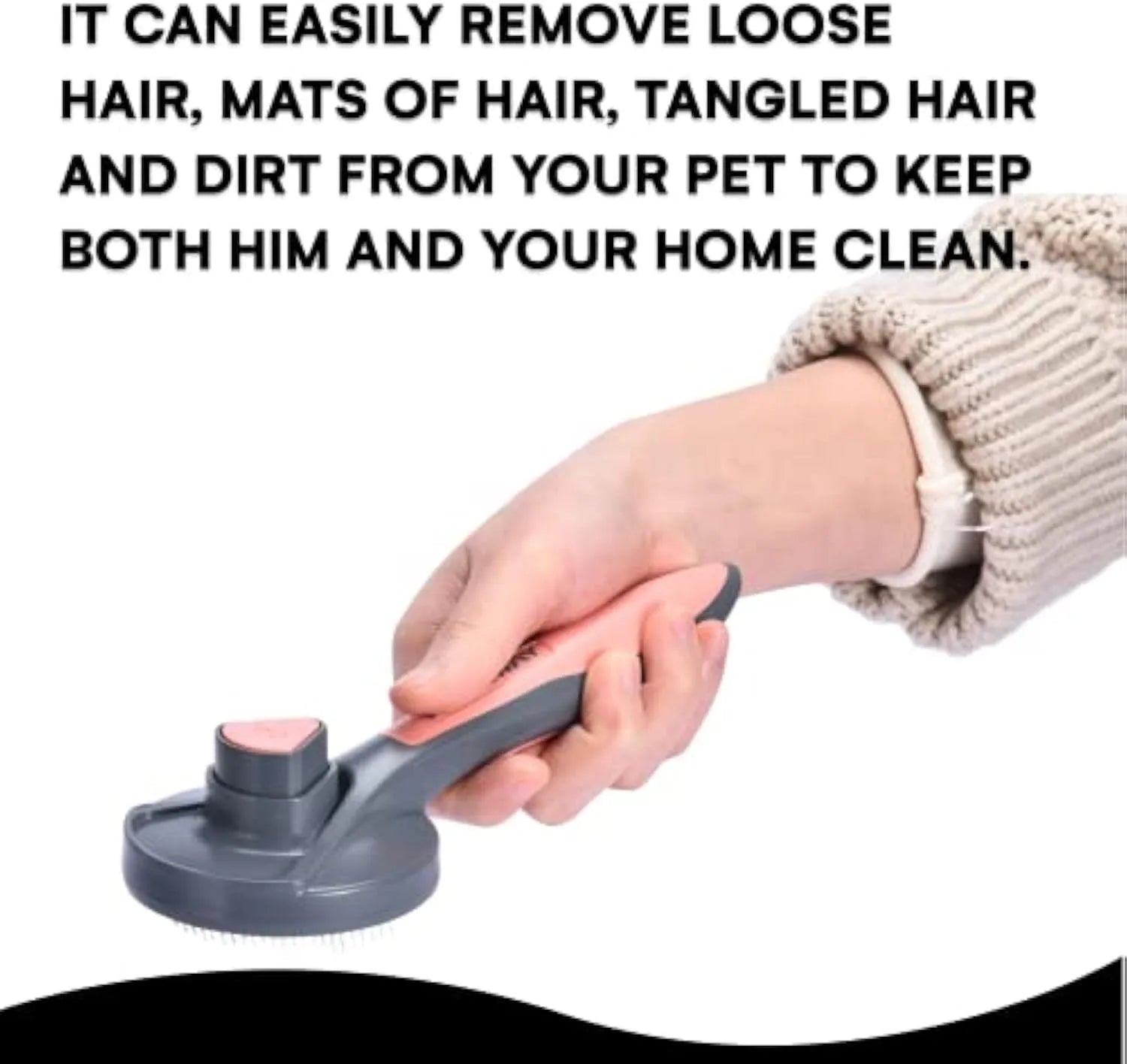 Grey self-cleaning pet grooming brush with a comfort-grip handle and a one-click button