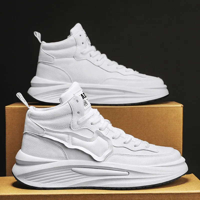 Men's black and white high-top board shoes with round toe and platform sole.