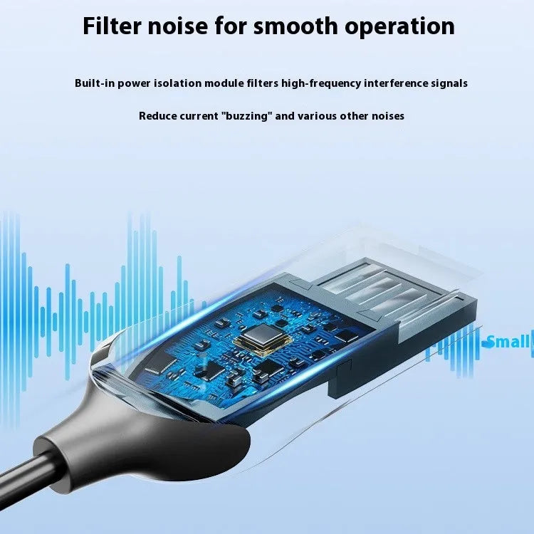 USB car Bluetooth 5.4 audio receiver with black PU-sheathed cable, zinc alloy USB-A connector, and copper 3.5mm AUX jack.