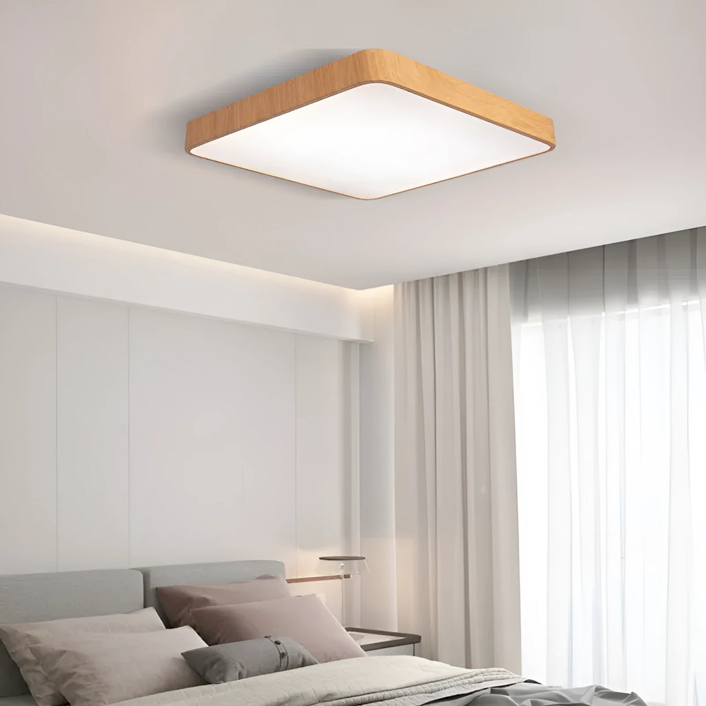 Nordic LED wood grain finish wall light in square format with iron art construction