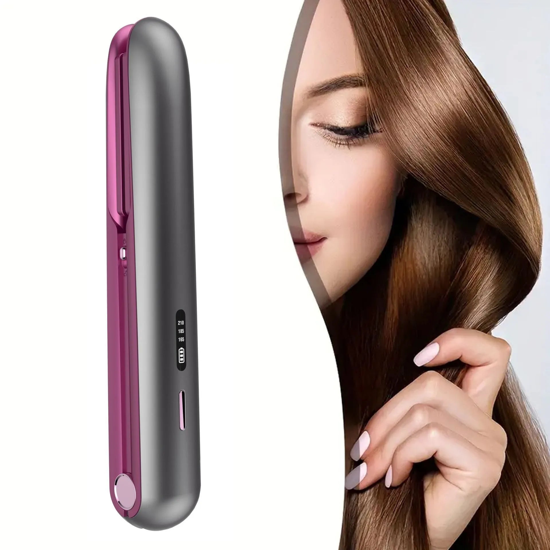 Moon shadow gray wireless hair straightener with tourmaline ceramic plates and temperature control dial