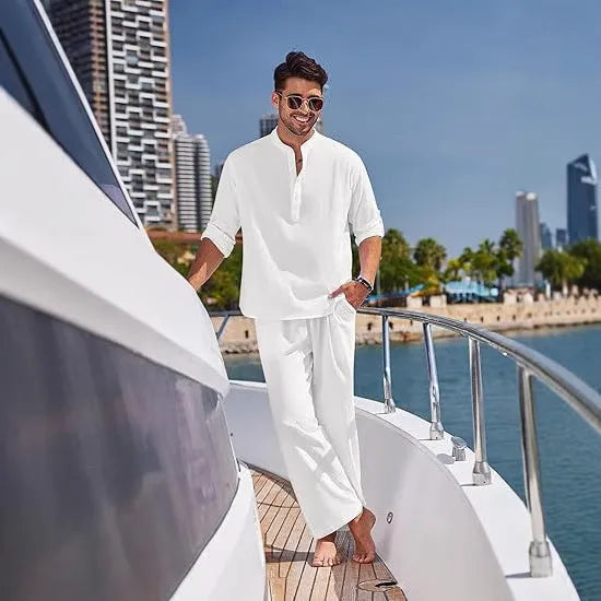 Men's solid colour cotton casual suit with long sleeve top and matching trousers in six colour options