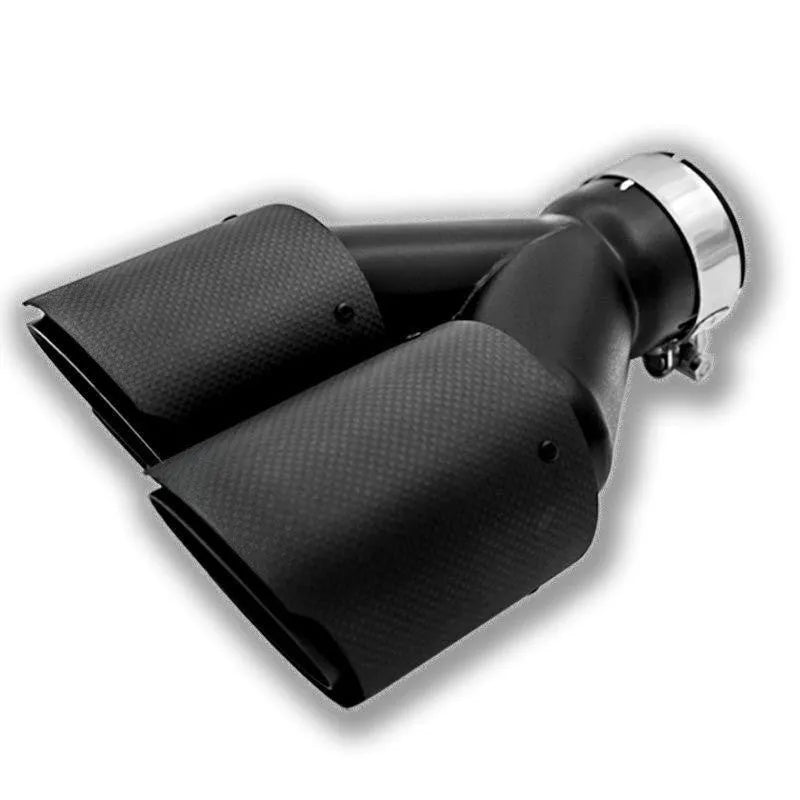 Black carbon fibre double outlet car exhaust pipe silencer nozzle measuring 250mm for vehicle modifications