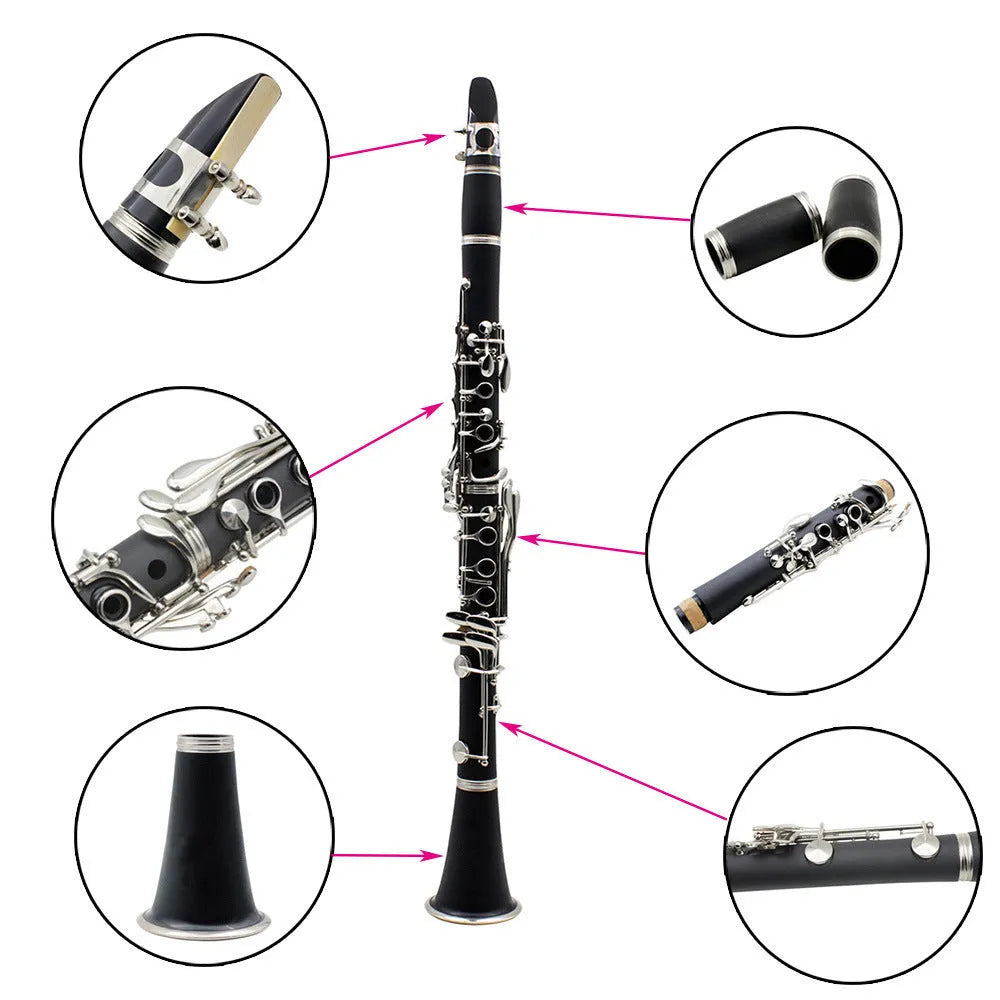 Black bakelite beginner clarinet with 17 nickel-plated keys next to its included carrying bag.