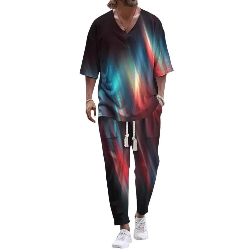 Cropped sleeve V-neck jacket and matching trousers suit set in thin polyester fabric