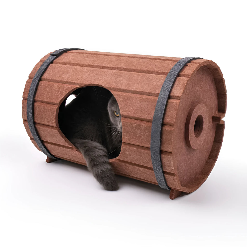 Wine barrel shaped assembled pet bed made from polyester fibre felt pieces with binding straps