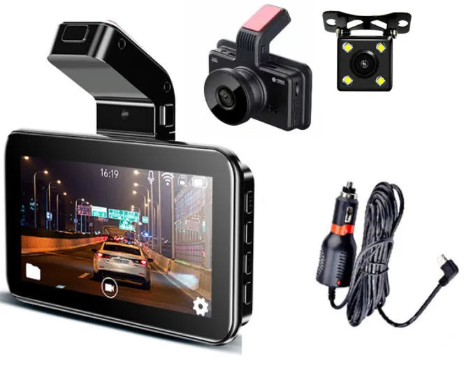 3-inch HD car DVR dashboard camera with dual lens recording system showing front and rear camera placement