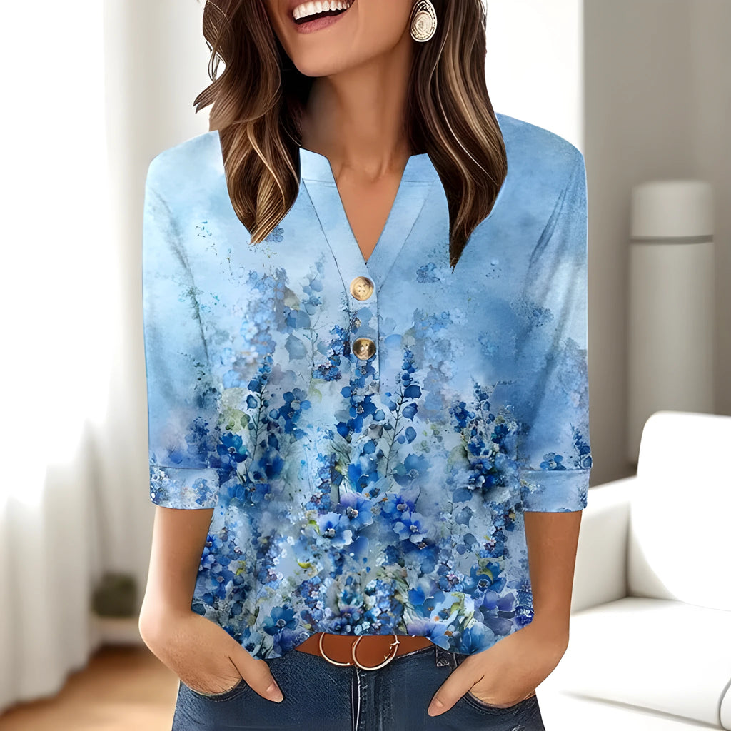 Women's loose fit V-neck top with 3D printed pattern in Japanese Korean casual style