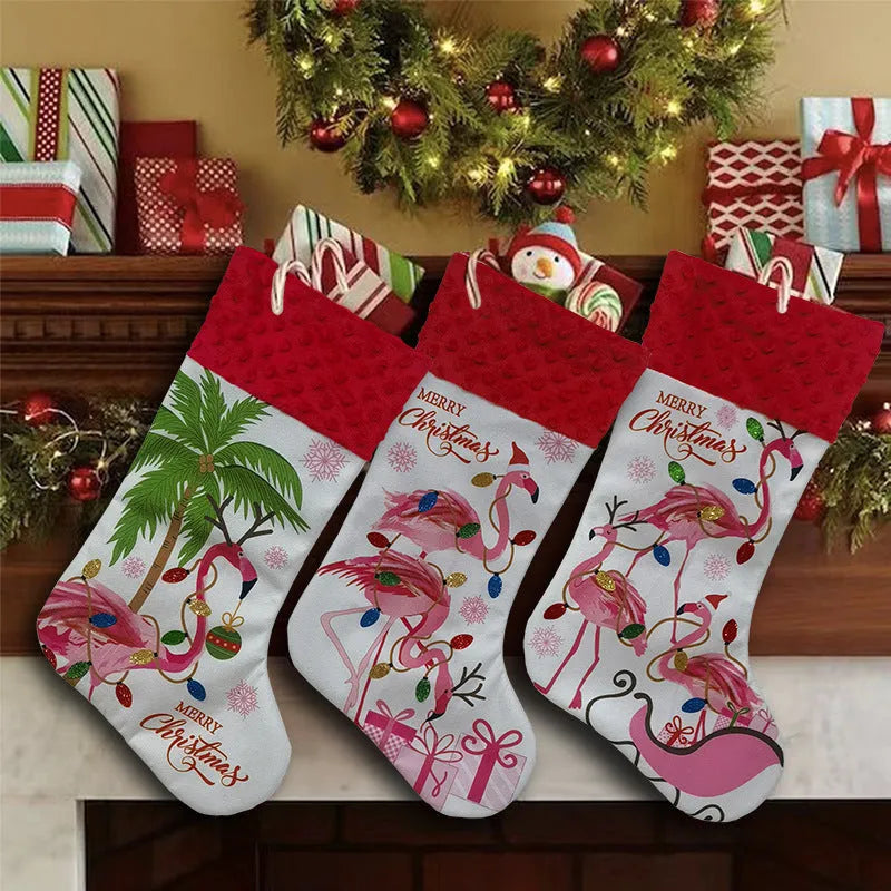 Flamingo pattern Christmas stocking decoration measuring 46 by 28 cm