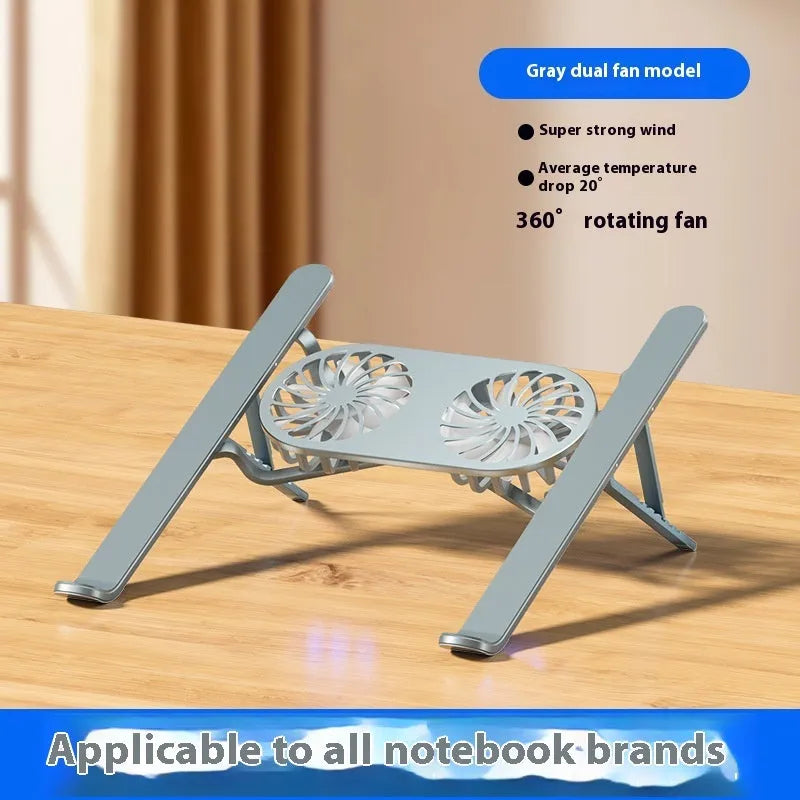 Silver aluminium portable laptop cooling stand with twin fans and adjustable height mechanism