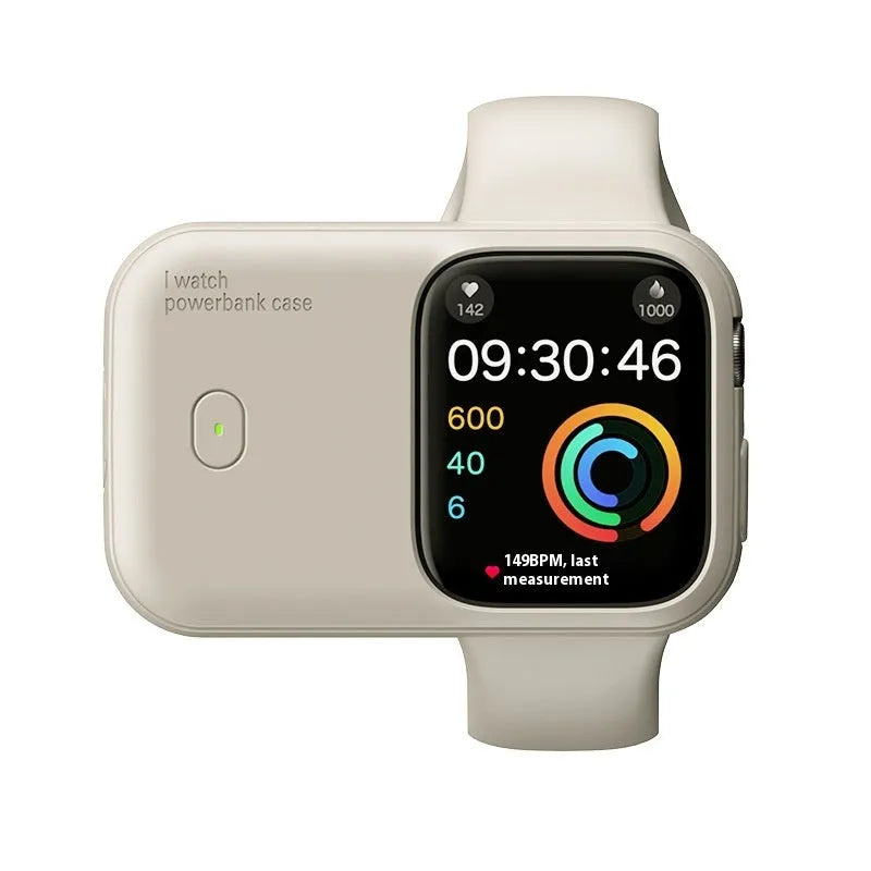 Apple Watch portable wireless charging power bank with silicone case in brown, midnight blue, or starlight colours