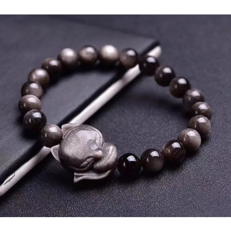 Obsidian fox bracelet with 8mm polished stone beads and detailed fox charm pendant
