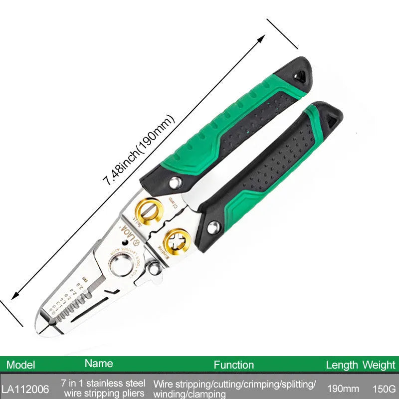 Stainless steel wire stripper tool with seven stripping holes and two-colour ABS handles.