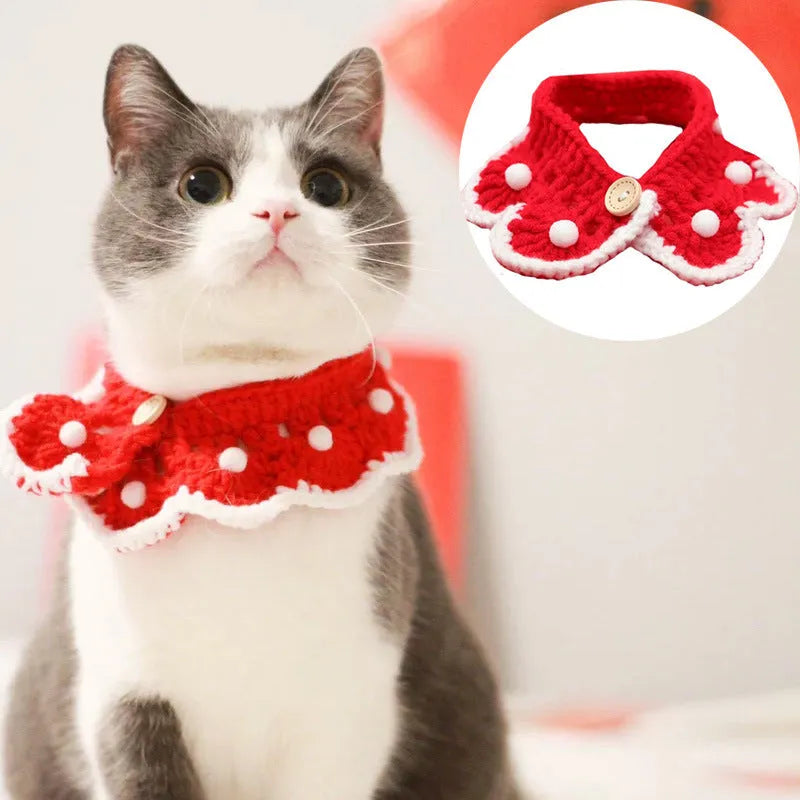 Hand-knitted milk cotton pet collar with a cartoon animal pattern, shown in a customisable colour.