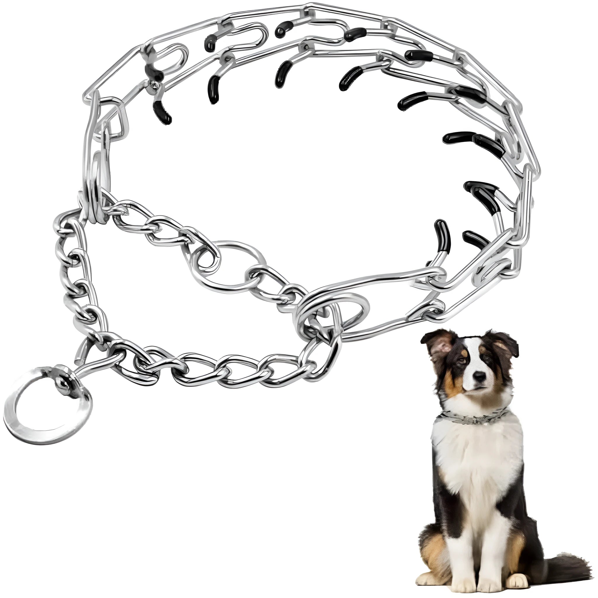 Adjustable stainless steel dog pinch training collar with comfort rubber tips on prongs
