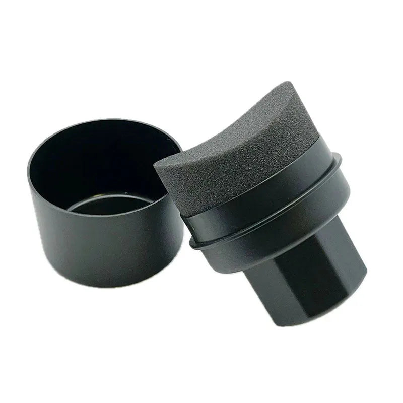 Hand-held car tyre polishing sponge brush with black high-density sponge and a grey PP handle, shown with a separate white lid.