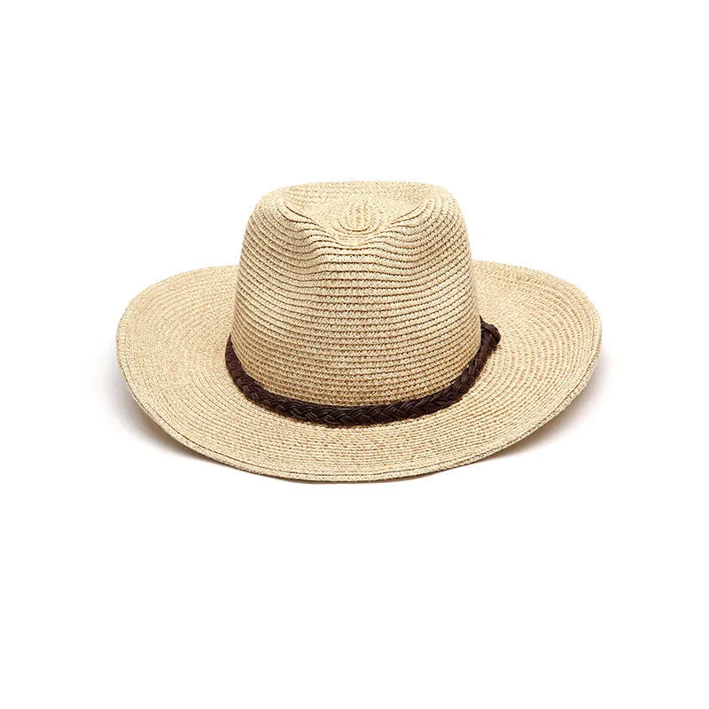 Men's foldable wide-brim straw sun hat in mixed beige shown in three circumference sizes