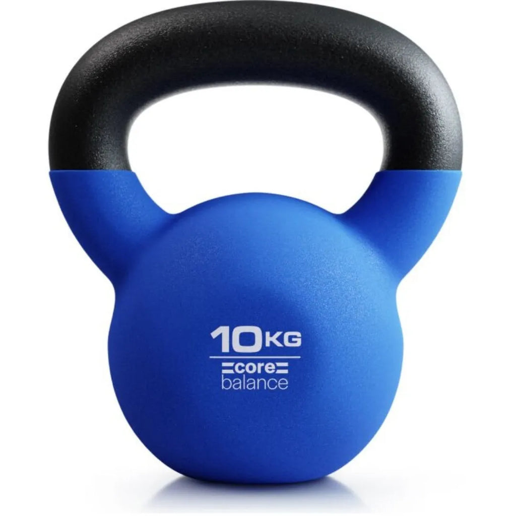 Blue solid cast iron teapot dumbbell on a grey background showing handle and 10kg weight.