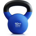Blue solid cast iron teapot dumbbell on a grey background showing handle and 10kg weight.