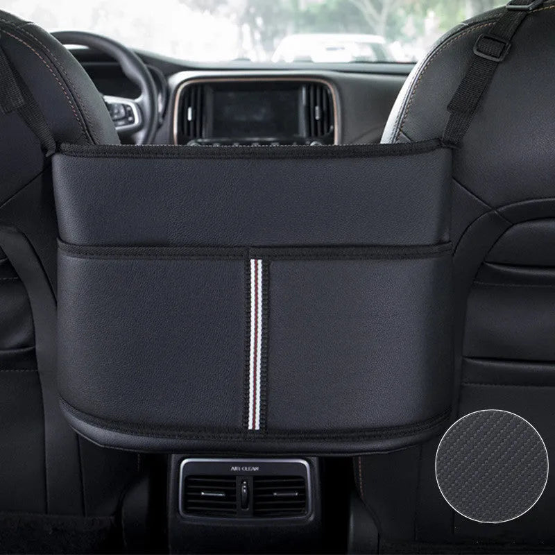 Black sports carbon fibre pattern leather car seat storage bag measuring 38cm wide