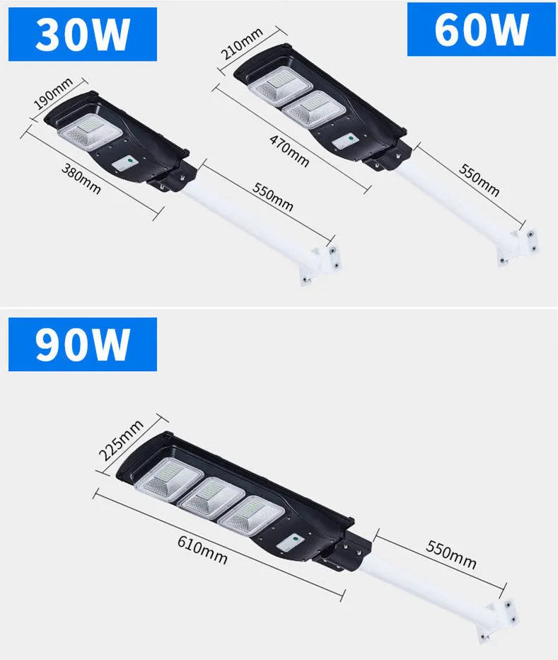 Integrated solar street light with 60W LED panel and remote control for outdoor pathway illumination.