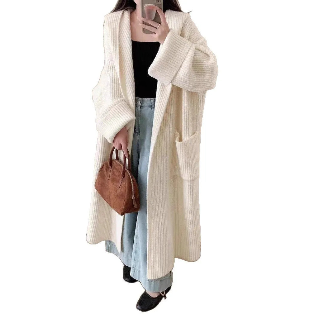 Women's loose hooded sweatshirt cardigan coat in acrylic fabric with extended 80cm length
