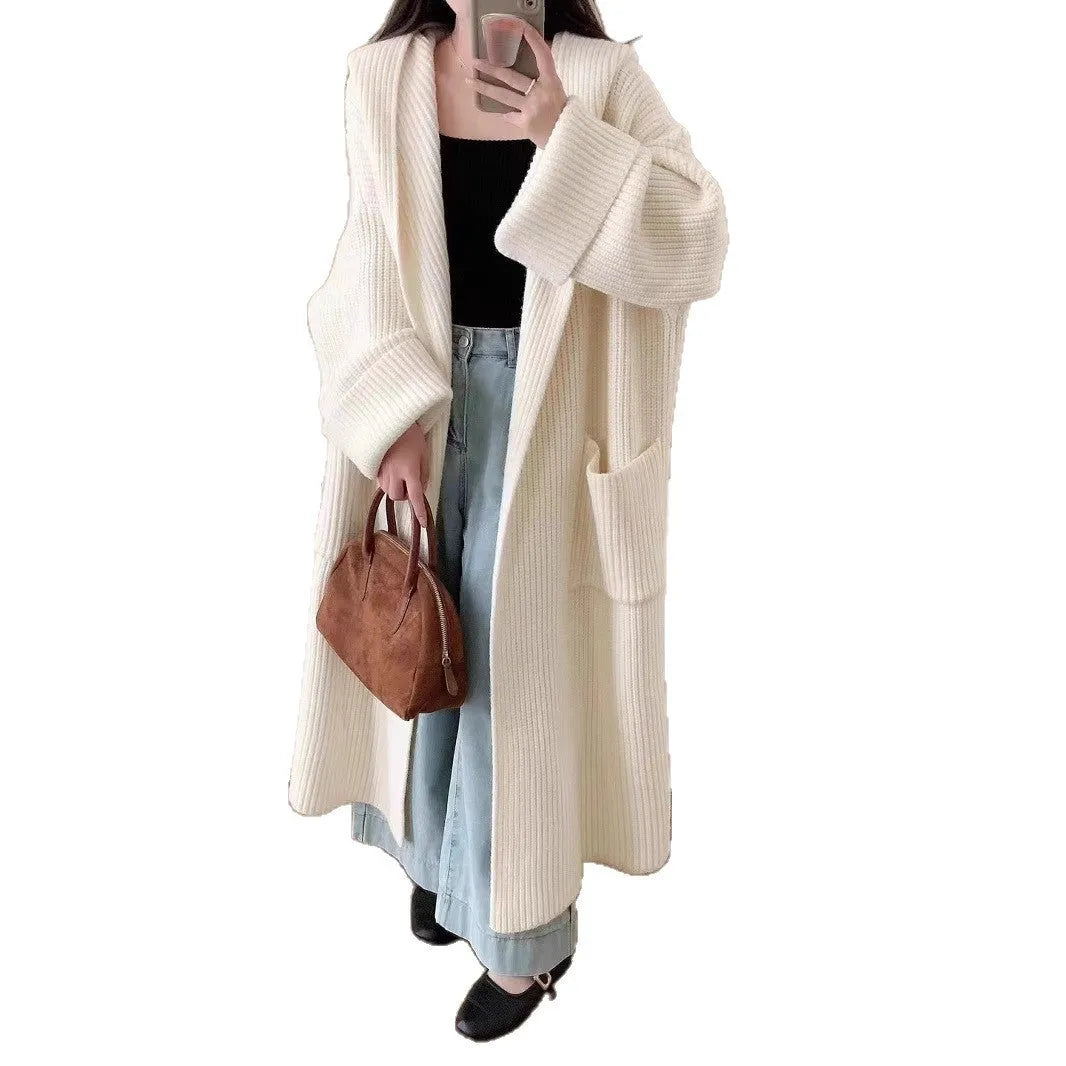 Women's loose hooded sweatshirt cardigan coat in acrylic fabric with extended 80cm length