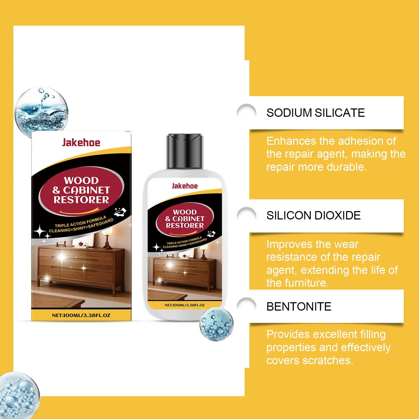 Wooden furniture scratch care kit showing 100ml bottle and 20cm x 20cm polishing cloth