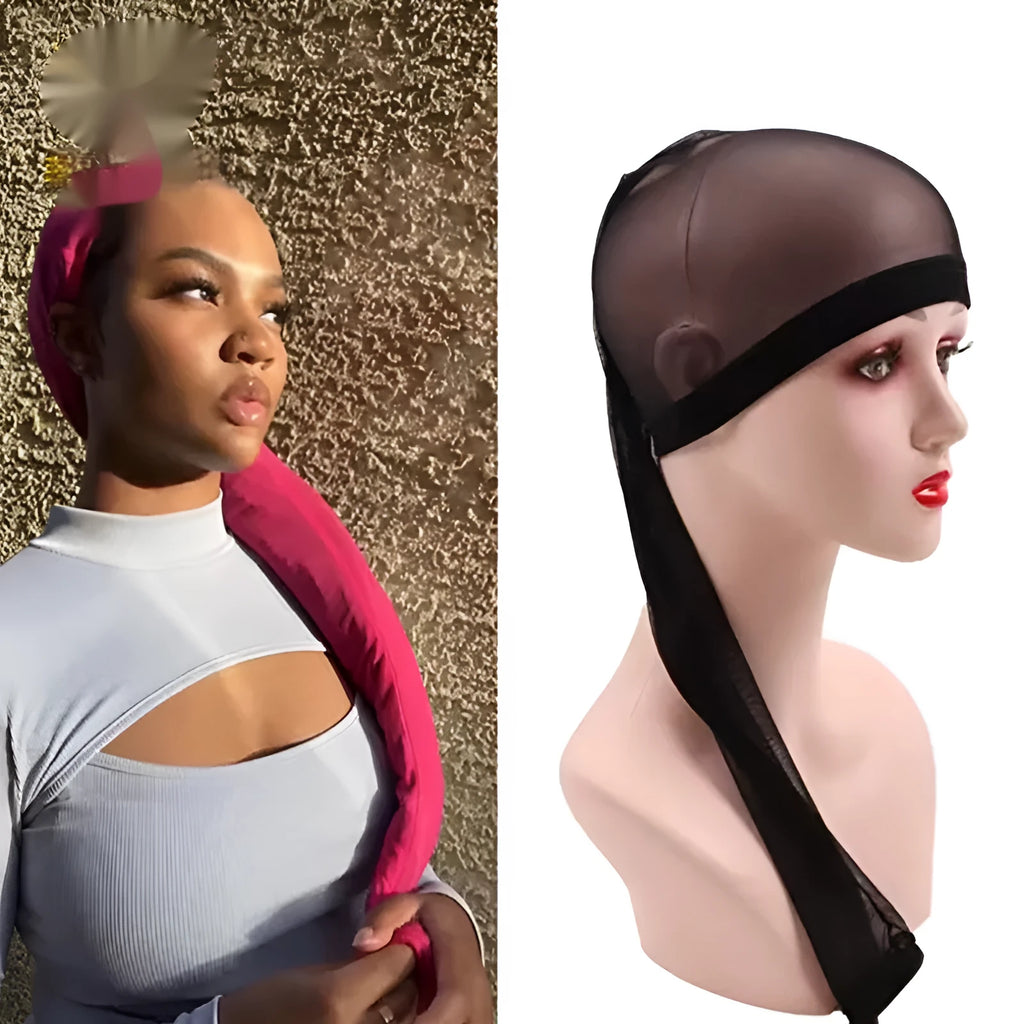 Spandex mesh wig cap with high elasticity oversleeve design shown in multiple colour options