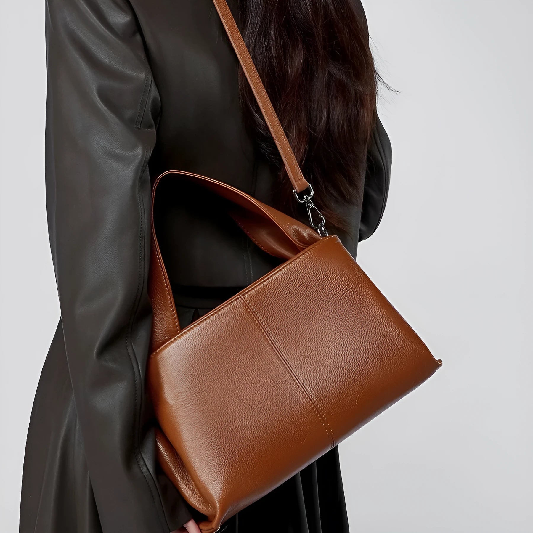 Women's genuine leather messenger bag in retro cowhide with horizontal square shape and double shoulder straps