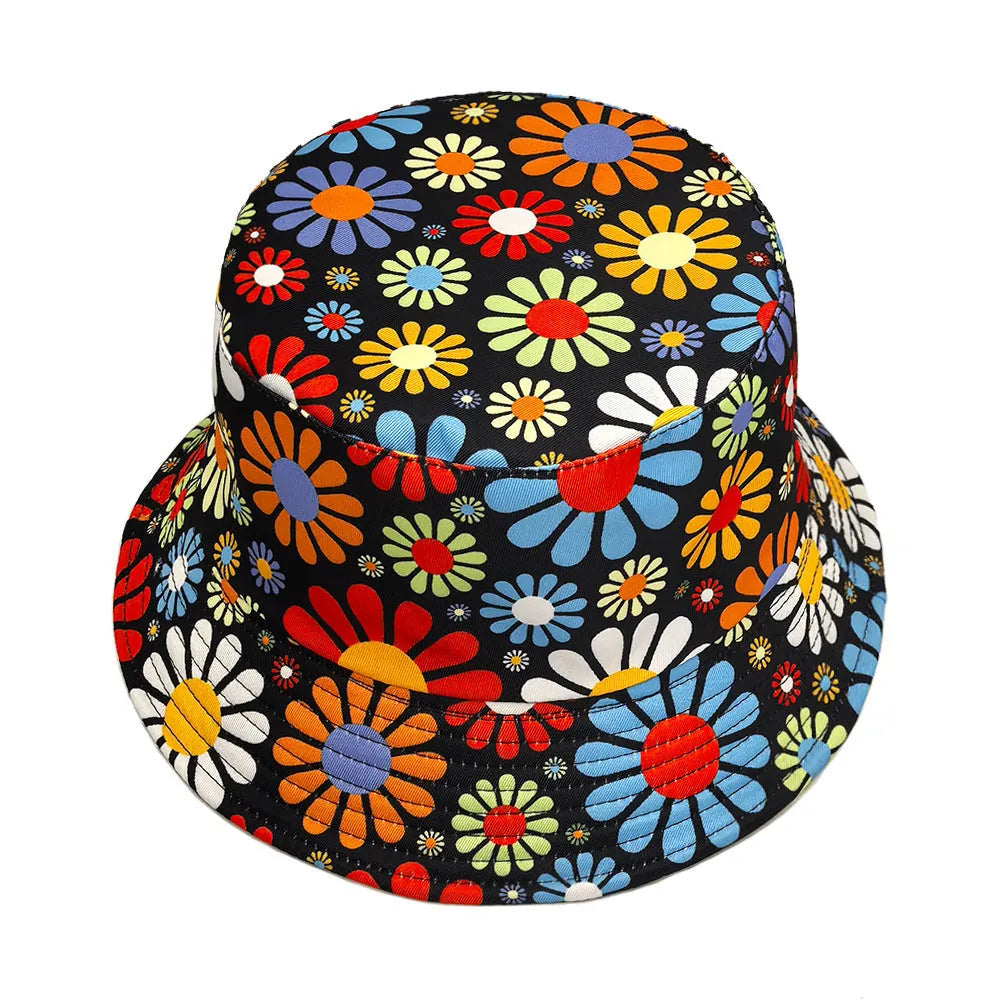 Colourful floral print bucket hat with dome crown in size M