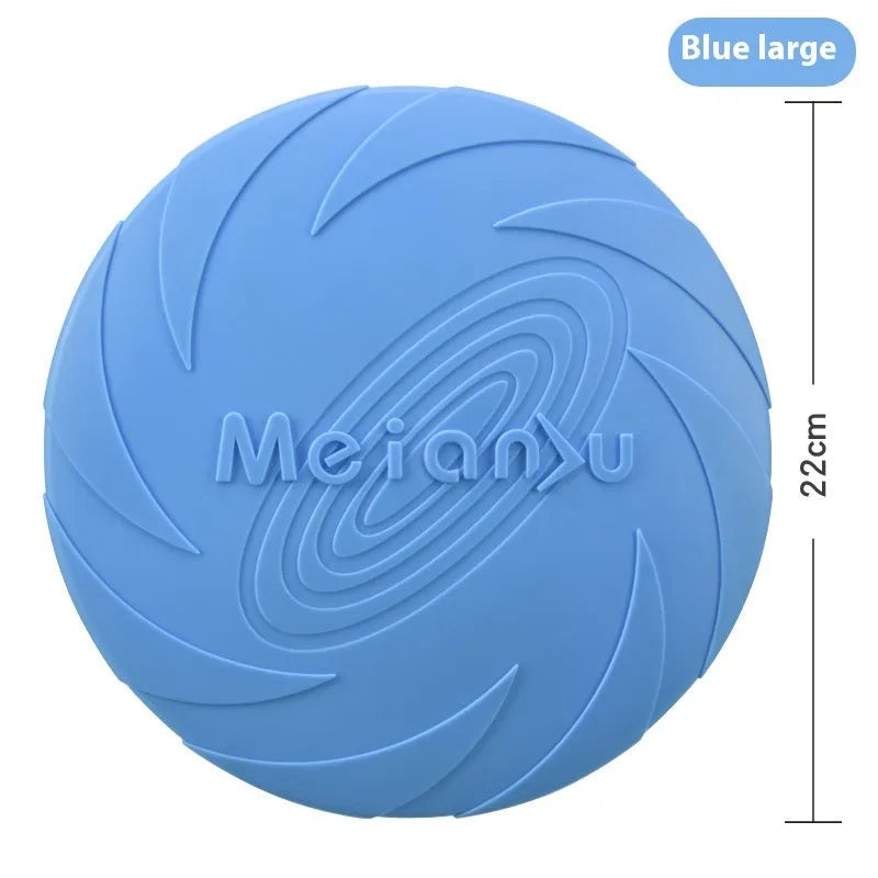 Soft rubber dog frisbee toy in blue, green, or red, shown in small, medium, and large sizes.