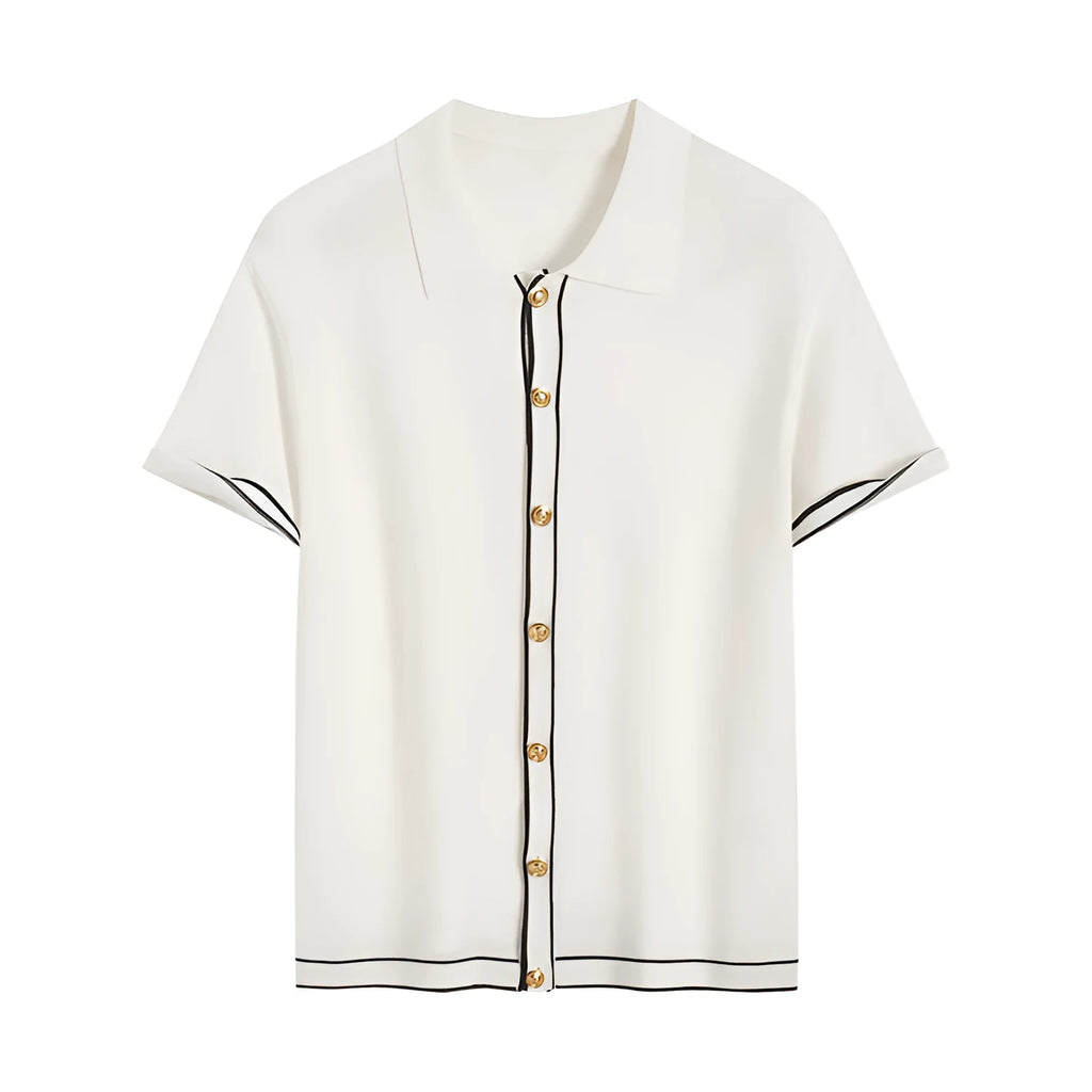 White short sleeve cardigan with dark contrast lapels on a hanger