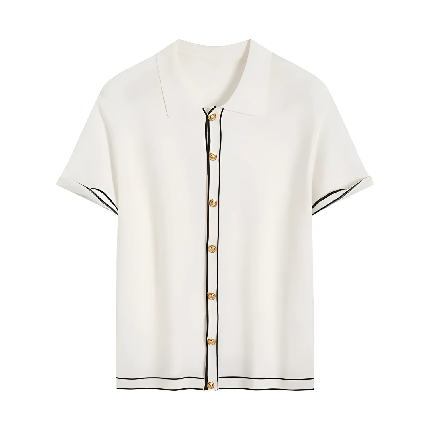 White short sleeve cardigan with dark contrast lapels on a hanger