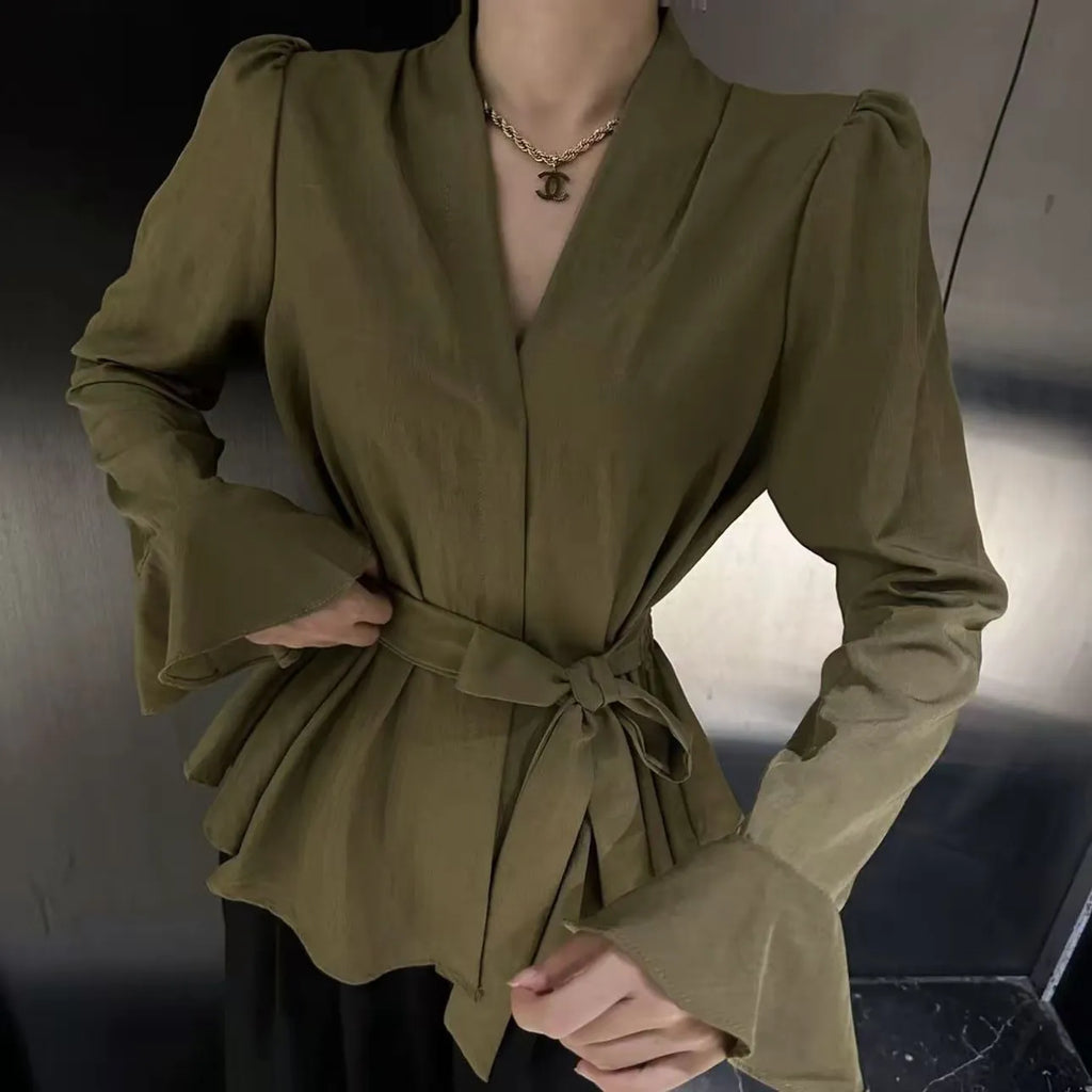 Women's French-style black shirt with irregular collar and long bell sleeves
