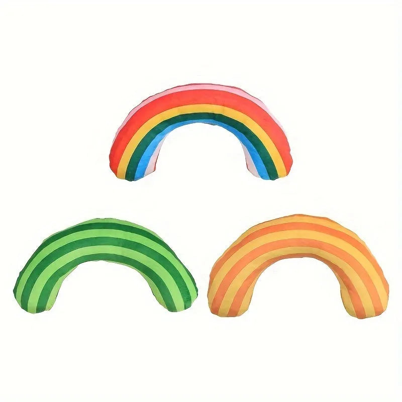 Striped pattern cat pillow toy with noise maker and catnip strip, shown in green colour.