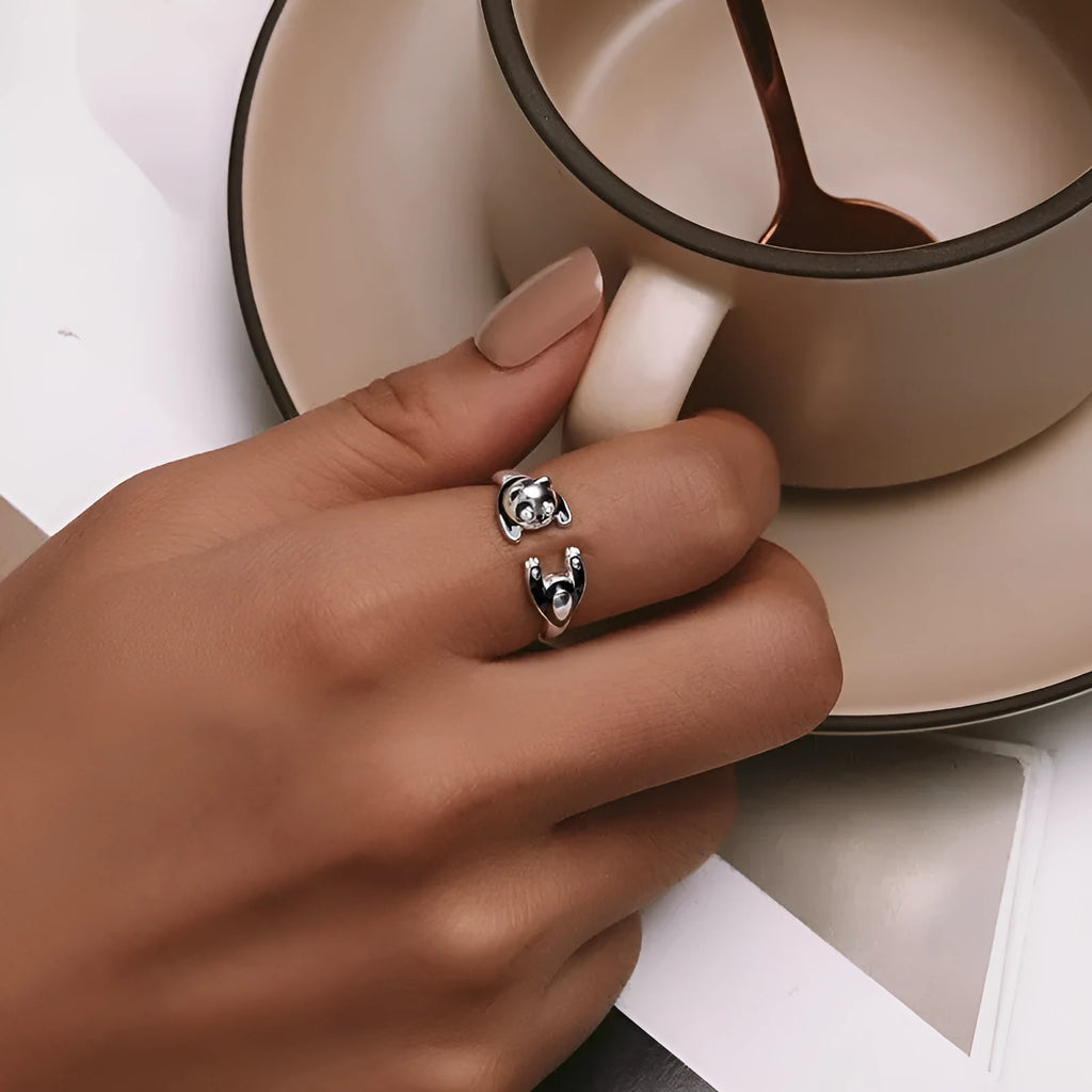 Adjustable sterling silver panda open ring with white gold plating showing animal zodiac design