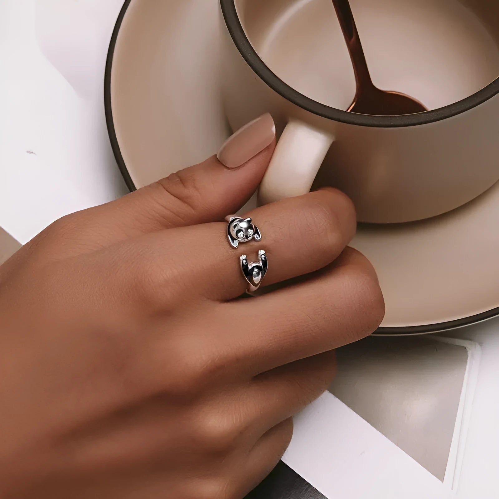 Adjustable sterling silver panda open ring with white gold plating showing animal zodiac design