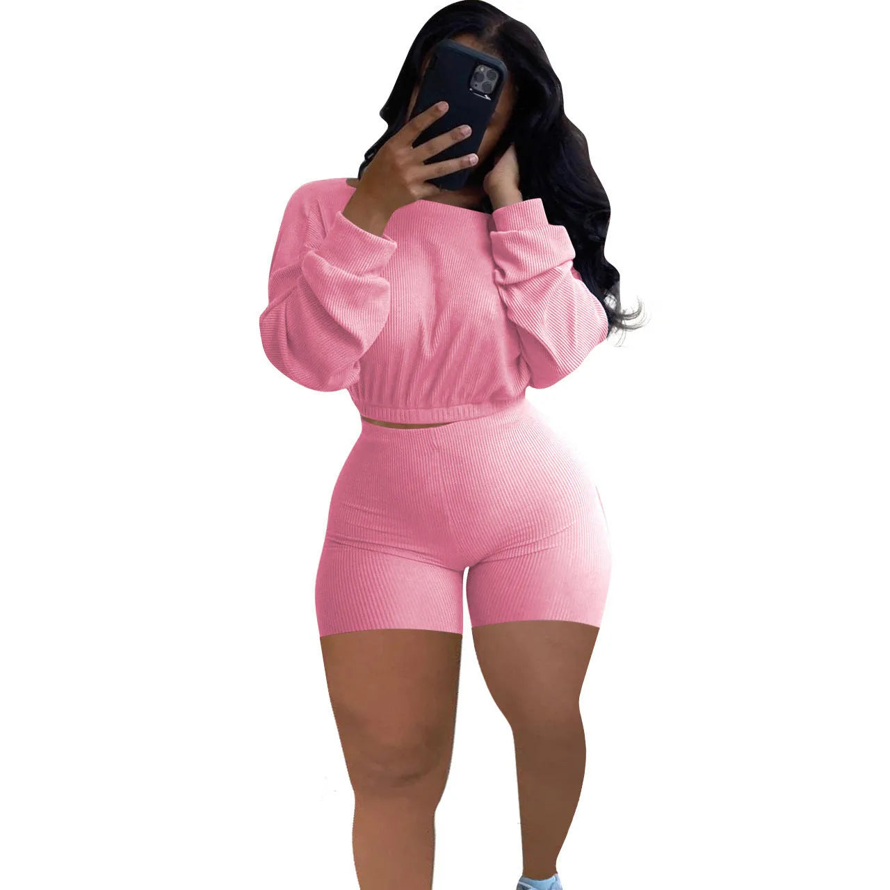 Women's sunken stripe off-the-shoulder long sleeve top and shorts two-piece set in a solid colour.