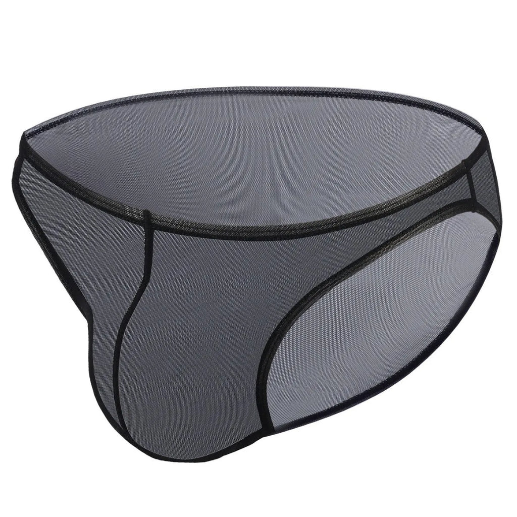 Men's black low waist ice silk briefs with triangle mid waist design on size chart