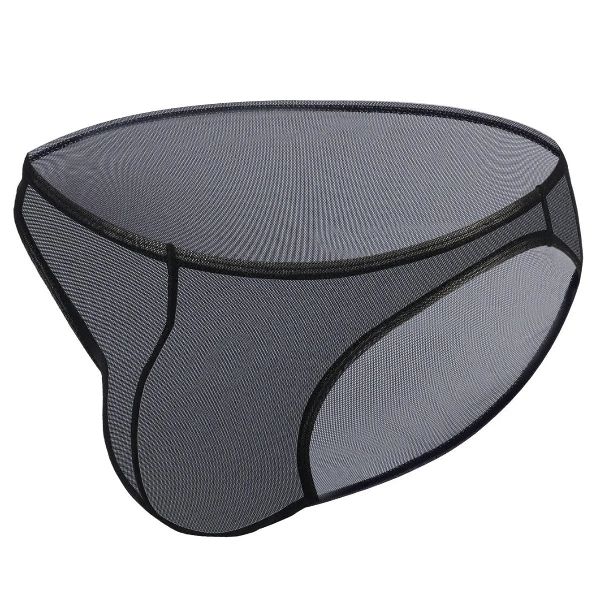 Men's black low waist ice silk briefs with triangle mid waist design on size chart