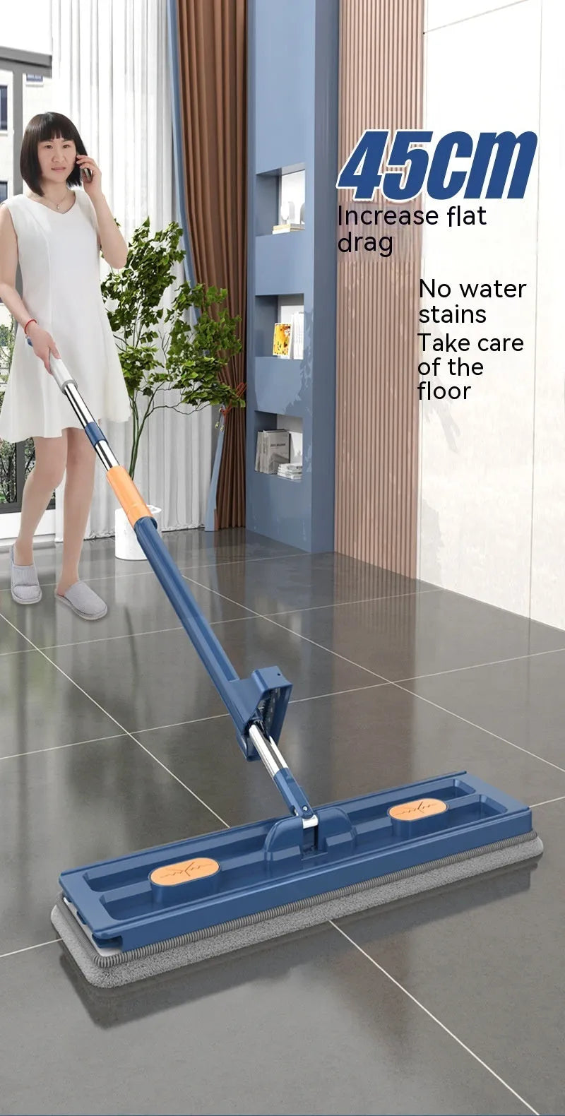 Large flat mop with rotating head and stainless steel handle for floor cleaning