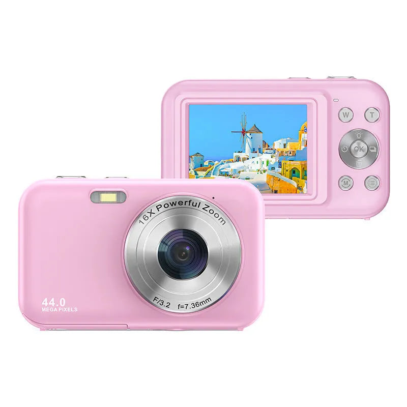 Children's digital camera with 2.4 inch screen in four colour options: black, green, pink, and purple