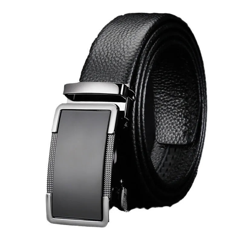 Men's leather automatic buckle belt in gun black, showing the alloy buckle and length sizing.