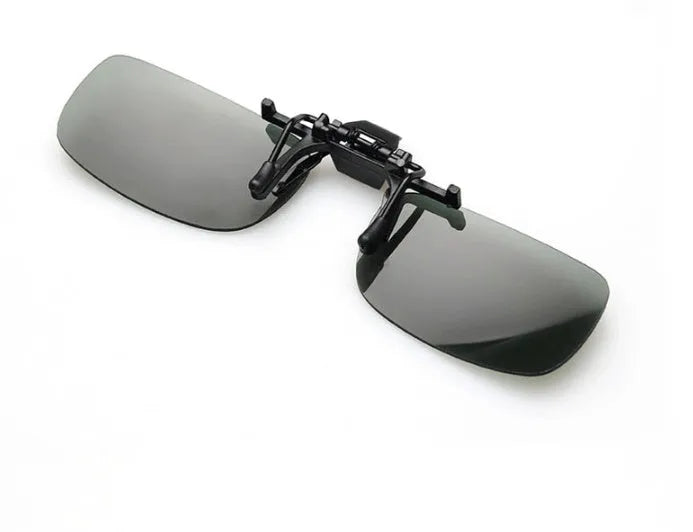 A clip-on sunglasses attachment for prescription glasses, shown in large and small sizes with grey, dark green, and night vision tinted PC lenses.