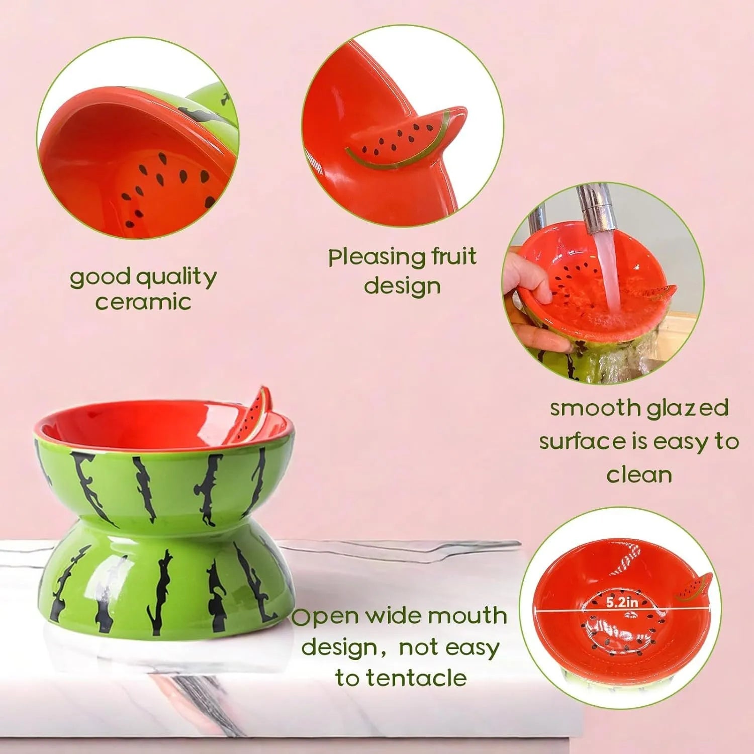 Ceramic raised cat bowl with tilted design and colourful fruit pattern