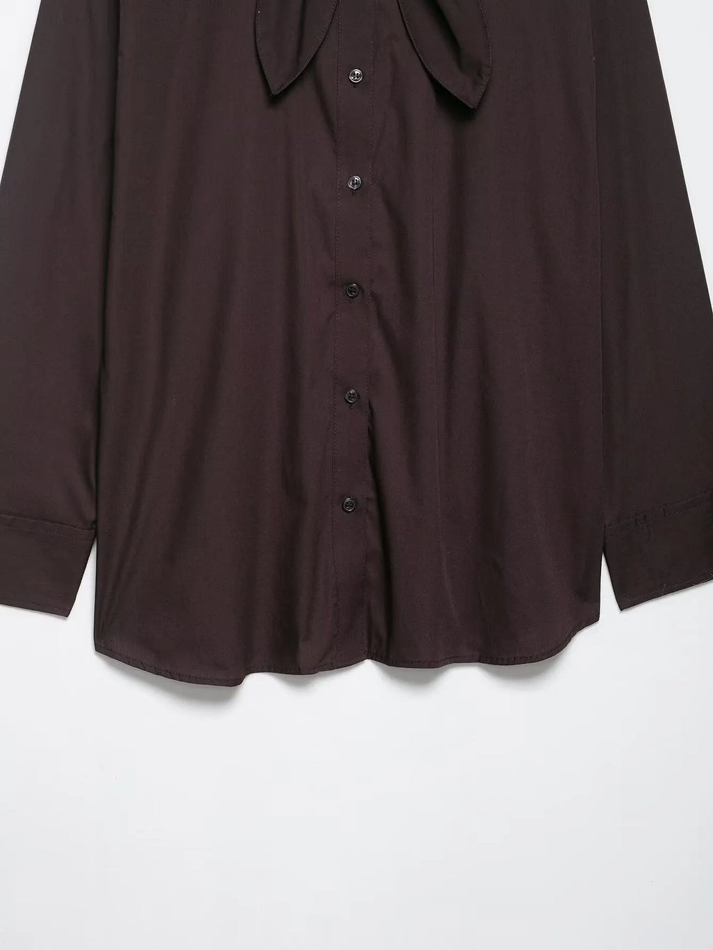 Brown women's poplin shirt with built-in scarf and bow tie detail, loose fit design