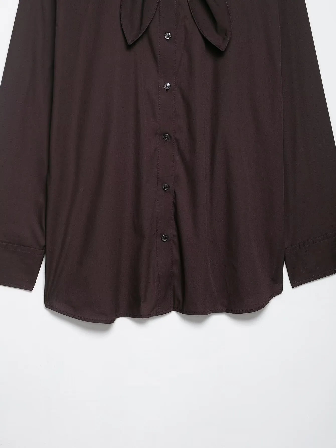 Brown women's poplin shirt with built-in scarf and bow tie detail, loose fit design