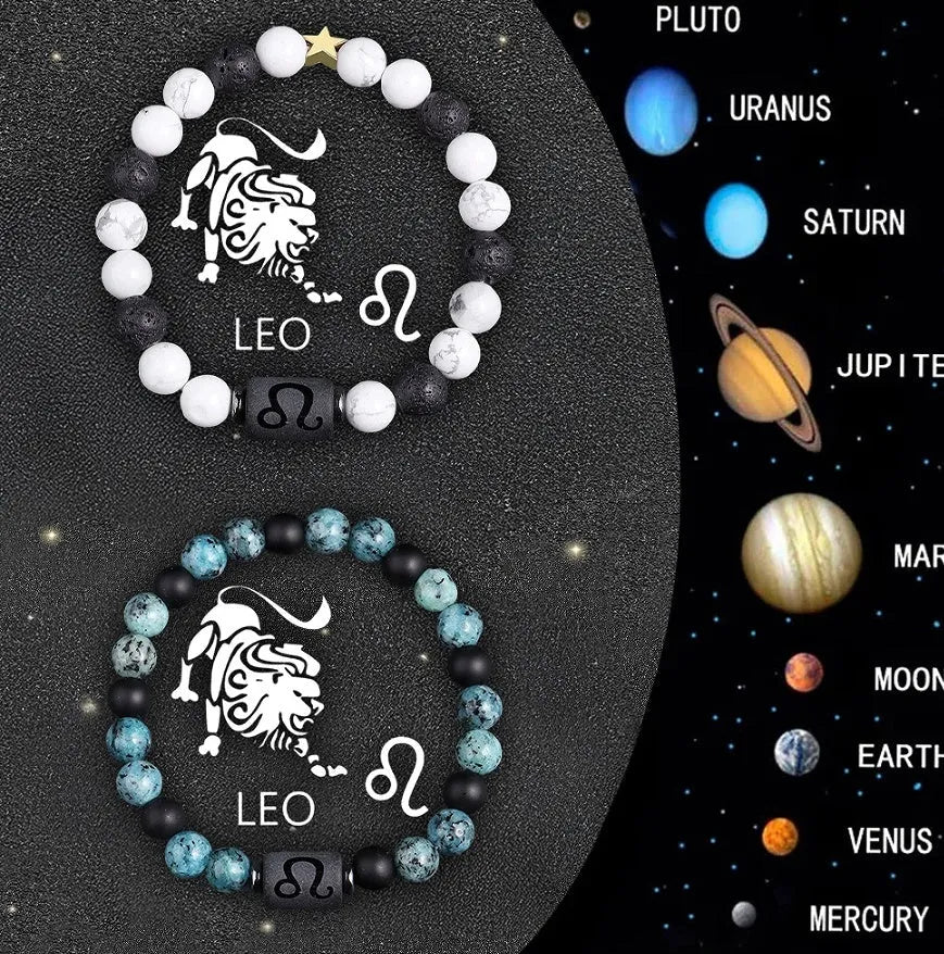 Set of two natural stone beaded bracelets with zodiac sign charms for all twelve astrological symbols.