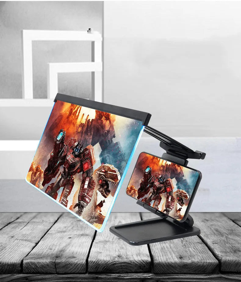 Black folding mobile phone screen amplifier with detachable holder showing 12-inch curved display